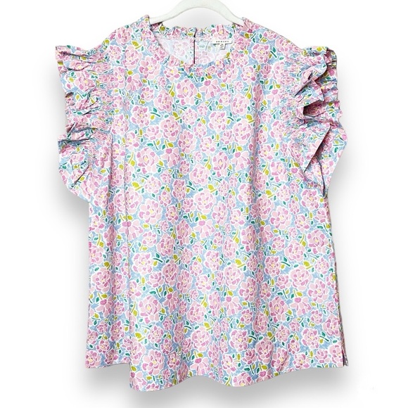 JODIFL Flutter Sleeve Top 3X pink floral ruffle blouse boxy high neck plus size - Picture 1 of 11